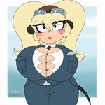  anthro big_breasts blonde_hair blush breasts cleavage clothed clothing eyewear female goggles hair hi_res huge_breasts kloudmutt mammal mouse rodent solo tiffy_cheesecake tight_clothing uniform voluptuous wide_hips 