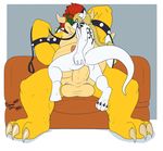  2015 3_toes 4_toes absurd_res anal anal_penetration anthro balls big_balls blush border bowser claws collar dragon duo fur grey_background hand_on_butt hi_res huge_balls huge_penis humanoid_penis koopa leash male male/male mario_bros nintendo nogard_krad_nox penetration penis scalie signature simple_background sitting size_difference soraawoolf spiked_collar tight_fit toe_claws toes video_games white_border white_fur yellow_skin 
