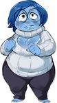  blue_eyes blue_hair blue_skin breasts cleavage clothed clothing eyewear female glasses hair hi_res inside_out not_furry overweight sadness_(inside_out) solo sweater tears thick_thighs unknown_artist wide_hips 