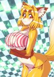  abstract_background amakuchi anthro big_breasts bikini black_nose blonde_hair blush bra breasts canine cat_lingerie clothed clothing female fox foxy-rena fur hair hi_res looking_at_viewer mammal markings nipple_bulge panties red_eyes socks_(marking) solo standing swimsuit underwear whiskers white_fur wide_hips yellow_fur 