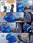  ? alien asari big_breasts blue_eyes breasts chibi clothing comic deep_throat dialogue duo edi_(mass_effect) english_text erection female freckles hand_on_head humanoid intersex intersex/female liara_t&#039;soni machine mass_effect not_furry oral penis robot shia text tight_clothing video_games 