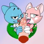  2016 anthro blue_fur cartoon_network cat clothed clothing feline female fourball fur group group_sex hi_res lagomorph looking_at_viewer mammal nicole_watterson pink_fur sex shima_luan smile super_planet_dolan the_amazing_world_of_gumball threesome 