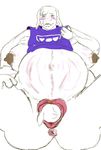  2016 ambiguous_gender anus baby belly bellykitten big_belly birth blush boss_monster bottomless brown_nipples butt caprine clothed clothing duo erect_nipples female fur goat hair hi_res mammal monster mother navel nipples parent pregnant pussy robe simple_background size_difference spread_legs spreading toriel undertale video_games white_background white_fur white_hair young 