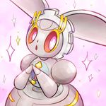  female looking_at_viewer magearna nintendo open_mouth pink_eyes pok&eacute;mon red_sclera simple_background solo unknown_artist video_games 