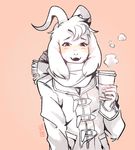  aryllins asriel_dreemurr beverage black_eyes blush boss_monster caprine claws clothing coat coffee cup fangs food fur goat happy looking_at_viewer male mammal scarf signature simple_background smile smoke solo standing starbucks undertale video_games white_fur 