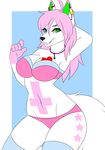  anthro bra breasts canine clothed clothing ear_piercing female half-closed_eyes hi_res jewelry kammymau looking_at_viewer mammal necklace panties piercing simple_background smile solo tattoo teeth underwear wolf 