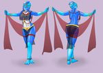  2016 alien amphibian blue_skin breasts butt clothed clothing dancing female fish helium2 hi_res hylotl jewelry loincloth marine multi_eye necklace nipples red_eyes simple_background solo starbound translucent video_games 