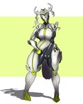  alien balls big_breasts breasts clothing crossgender dickgirl eyeless hi_res horn huge_breasts intersex lewdreaper nipple_bulge not_furry oberon_(warframe) penis shadow skinsuit solo tenno thick_thighs tight_clothing warframe 