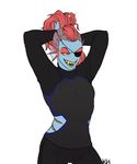  2016 anthro blue_skin clothed clothing fangs female fish gills grin hair hand_behind_head hi_res kkhoppang long_hair marine open_mouth red_hair simple_background solo standing undertale undyne video_games white_background 