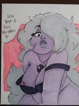  &lt;3 alien amethyst_(steven_universe) big_breasts big_lips bra breasts cleavage clothed clothing dialogue english_text eyelashes female gem gem_(species) grey_hair hair hair_over_eye hi_res lingerie lips nipples noodle-lu purple_skin solo speech_bubble steven_universe talking_to_viewer text underwear 