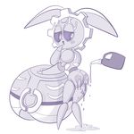  anthro blush butt female lonbluewolf looking_back magearna monochrome nintendo oil pok&eacute;mon simple_background solo standing video_games white_background 