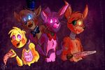  2014 animatronic blood bonnie_(fnaf) chica_(fnaf) five_nights_at_freddy&#039;s fluffy food foxy_(fnaf) freddy_(fnaf) glowing glowing_eyes group machine pizza pointy_ears robot trishabeakens video_games 