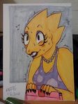  2016 alphys black_eyes blush clothing dress eye_twitch eyelashes handbag hi_res jewelry lipstick monster necklace noodle-lu scales scalie shaking solo sweat traditional_media_(artwork) undertale video_games yellow_scales 
