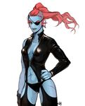  2015 anthro blue_skin breasts cleavage clothed clothing eye_patch eyewear female fish hair hand_on_hip kkhoppang long_hair marine navel red_hair rubber scar simple_background small_breasts solo standing undertale undyne video_games white_background yellow_eyes 