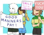  &lt;3 abstract_background asriel_dreemurr band-aid bandage better_version_at_source blush boss_monster caprine chara_(undertale) clothed clothing english_text goat group human low_res mammal monster open_mouth protagonist_(undertale) protest sign smile text undertale video_games waterjerk 
