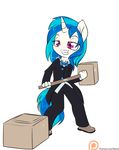  2016 alasou anthro anthrofied blue_hair bow_tie chibi clothing equine female friendship_is_magic hair hammer hi_res holding_object horn mammal multicolored_hair musical_instrument my_little_pony patreon purple_eyes simple_background smile solo tools two_tone_hair unicorn vinyl_scratch_(mlp) white_background 