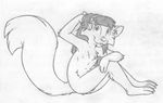  barefoot barely_visible_genitalia buckteeth cub female fluffy_tail greyscale hi_res looking_at_viewer maggie_gilstrum mammal mizzyam monochrome nipples nude pencil_(artwork) pussy rodent side_view sitting solo squirrel teeth traditional_media_(artwork) young 