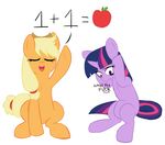  absurd_res applejack_(mlp) blonde_hair duo earth_pony elslowmo english_text equine female feral friendship_is_magic fur hair hat hi_res horn horse mammal mathematics multicolored_hair my_little_pony pony purple_eyes purple_fur simple_background text twilight_sparkle_(mlp) two_tone_hair unicorn white_background 