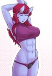  abs aoi_(ittla) arms_up bangs blue_skin bow bow_panties breasts bustier closed_eyes cowboy_shot halftone halftone_background horns ittla large_breasts long_hair monster_girl navel oni open_mouth original panties pointy_ears red_hair sleepy solo stretch turtleneck underwear 