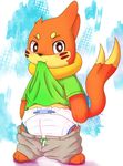  ambiguous_gender blush buizel clothed clothing diaper fin fur looking_at_viewer nintendo orange_fur pants_down partially_clothed pok&eacute;mon ruugiaruu solo video_games 