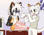  anthro apron bottomless cake cat clothed clothing cooking cute_fangs duo featureless_crotch feline food front_view frosting kay_(whiteleo) kitchen male mammal microwave open_mouth tongue tongue_out whiteleo young 