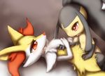  black_fur braixen canine digital_media_(artwork) digitigrade duo female fox fur hand_on_chest male male/female mammal mawile multicolored_fur nintendo ohakotome open_mouth pok&eacute;mon red_eyes red_fur sex two_tone_fur video_games white_fur yellow_fur 