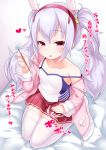  1girl animal_ears azur_lane bangs bed_sheet blush breasts bunny_ears camisole collarbone commentary_request eyebrows_visible_through_hair fingernails fur-trimmed_jacket fur_trim grey_hair hair_between_eyes hair_ornament hairband heart highres holding jacket kirisame_mia laffey_(azur_lane) lap_pillow_invitation long_sleeves looking_at_viewer mimikaki open_clothes open_jacket parted_lips patting_lap pink_jacket pleated_skirt red_eyes red_hairband red_skirt revision seiza sitting skirt sleeves_past_wrists small_breasts smile solo strap_slip thighhighs translation_request twintails white_camisole white_legwear 