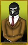  anthro avian beak bird bludermaus clothed clothing digital_media_(artwork) feathers hi_res male necktie owl portrait simple_background solo spectacles suit text 