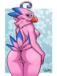  2016 anthro anthrofied avian beak biyomon blue_eyes blush border breasts butt claws digimon drako1997 feathers female half-closed_eyes hi_res looking_at_viewer looking_back neck_tuft nipples nude pink_feathers pose pussy rear_view side_boob smile solo tuft white_border 