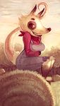  anthro breasts clothing crookedtrees female fur grin hay_bale mammal marsupial neckerchief opossum overalls poppy_opossum poppy_opossum_(character) red_eyes sharp_teeth sitting smile solo teeth white_fur 