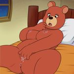  2016 anthro anus bear bed bedroom_eyes black_eyes breasts brown_nose detailed_background digital_media_(artwork) eyelashes female fingering half-closed_eyes hi_res house koguma_no_misha lonbluewolf looking_down lying mammal masturbation navel nipples nude open_mouth pillow pussy pussy_juice seductive sky solo star tongue vaginal vaginal_masturbation white_sclera window 