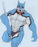  abs anthro biceps big_muscles black_nose blue_background blush bulge clothed clothing collar doggy_kruger iceman1984 male muscular nipples pecs pole power_rangers power_rangers_spd simple_background solo stripper super_sentai thong tokusou_sentai_dekaranger tongue tongue_out topless 