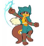  action_pose anthro clothing cute_fangs fist flat_colors front_view hi_res magic male mammal mustelid open_mouth otter pointing shorts signature solo wakfu whiteleo yugo zake 