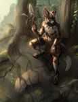  2016 african_wild_dog anthro blue_eyes brown_body brown_fur canine claws clothed clothing digital_media_(artwork) digital_painting_(artwork) ferns forest full-length_portrait fur hi_res jewelry jungle loincloth looking_at_viewer male mammal melee_weapon necklace outside paws polearm portrait pose rhyu rock shaded solo spear topless tree tribal utunu vines weapon white_fur 