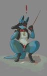 animal_genitalia animal_penis anthro balls blue_fur canine canine_penis collar cum erection fur leash lucario male mammal newd nintendo nude open_mouth penis pok&eacute;mon red_eyes simple_background solo spikes video_games 