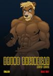  2014 animal_genitalia anthro anupap balls bear big_muscles black_nose blonde_hair blue_eyes brown_fur bruno_rheinbear canine comic cover fur gun hair handgun humanoid_penis male mammal muscular nude pecs penis pistol portrait ranged_weapon scales scalie simple_background solo standing weapon yellow_beard 