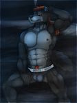  2016 abs anthro bed bedding biceps black_fur black_nose blanket briefs brown_hair canine claws clothed clothing digital_media_(artwork) dust ear_piercing epic_soul eyebrows fur grey_fur hair jockstrap looking_at_viewer lying male mammal moonlight mouth_piercing muscular nipple_piercing nipples on_back pecs piercing pillow red_eyes smile solo spread_legs spreading text topless underwear white_fur wolf 