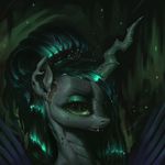  2016 abstract_background assasinmonkey changeling crown fangs female feral friendship_is_magic green_eyes green_hair hair horn looking_at_viewer my_little_pony portrait queen_chrysalis_(mlp) solo 