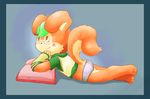  anthro blush book border brown_eyes butt clothed clothing cub cute eyewear female glasses gradient_background green_hair hair hybrid khaki_(character) lagomorph lambent lying mammal on_front partially_clothed rabbit rodent simple_background smile solo squirrel underwear young 