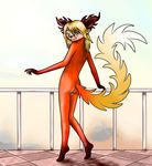  2016 anthro blush butt canine colored cub digital_media_(artwork) female fox hi_res jaxneesen looking_at_viewer looking_back mammal nude raccoon smile solo syndey young 