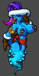  2015 blue_skin clenched_teeth clothing demien djinn feathers female gloves monster monster_girl nipple_piercing nipples not_furry piercing pointy_ears ring solo teeth 