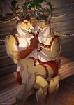  anthro antlers cervine clothed clothing duo hand_holding hi_res horn inside male male/male mammal reindeer sitting smile topless vagabondbastard 