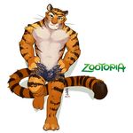  anthro black_fur brown_fur bulge claws clothing disney feline fur green_eyes looking_at_viewer male mammal muscular nipples orange_fur pecs raised_leg shorts simple_background smile solo standing stripes stripper_tiger_(zootopia) tiger toe_claws whiskers white_fur zootopia 亜羅 