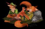  canine cheshireyangxxx claws crossover dipstick_tail disney eye_contact eyes_closed fox fox_and_the_hound fur male mammal multicolored_tail nick_wilde orange_fur outside pawpads robin_hood robin_hood_(disney) simple_background sitting smile todd toe_claws young zootopia 