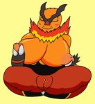  2016 anthro areola bashful big_breasts blush boar breasts digital_media_(artwork) embarrassed emboar erect_nipples female fire fur hi_res huge_breasts hyper mammal mr.under nintendo nipples nude pig pok&eacute;mon porcine puffy pussy simple_background slightly_chubby smile solo thick_thighs video_games wide_hips yellow_background 