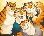  anthro chirenbo clothed clothing disney feline fur group male mammal pink_nose shirt smile stripper_tiger_(zootopia) teeth tiger topless vest whiskers zootopia 