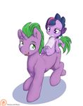  2016 alasou dragon duo equine female feral friendship_is_magic fur green_eyes green_hair hair hi_res horn larger_male male mammal multicolored_hair my_little_pony open_mouth patreon purple_eyes purple_fur riding role_reversal simple_background size_difference smaller_female spike_(mlp) twilight_sparkle_(mlp) unicorn white_background 