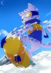  anthro blue_fur bottomless butt clothed clothing cloud coat day ehime_mikan eyewear feline fur goggles hi_res inner_ear_fluff leopard looking_at_viewer male mammal moon ollie open_mouth outside pop&#039;n_music smile snow snow_leopard snowboard solo teeth tongue yellow_eyes 