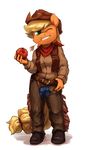  2016 anthro anthrofied apple applejack_(mlp) audrarius blonde_hair clothing cowboy_hat digital_media_(artwork) earth_pony equine female food friendship_is_magic fruit green_eyes hair hat hi_res holding_object horse looking_at_viewer mammal my_little_pony one_eye_closed pony simple_background smile solo white_background wink 