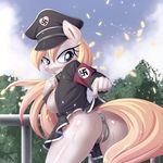 anthro anthrofied anus aryanne aryanne_(character) big_breasts blonde_hair blue_eyes blush breasts butt clothed clothing clothing_lift cutie_mark earth_pony equine fan_character female hair hat hi_res horse looking_back mammal my_little_pony nazi nipples open_shirt pony pussy skirt skirt_lift solo swastika sweat uniform water wet 